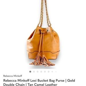 Rebecca Minkoff Lexi Bucket Bag Purse | Gold Double Chain | Tan Camel Leather